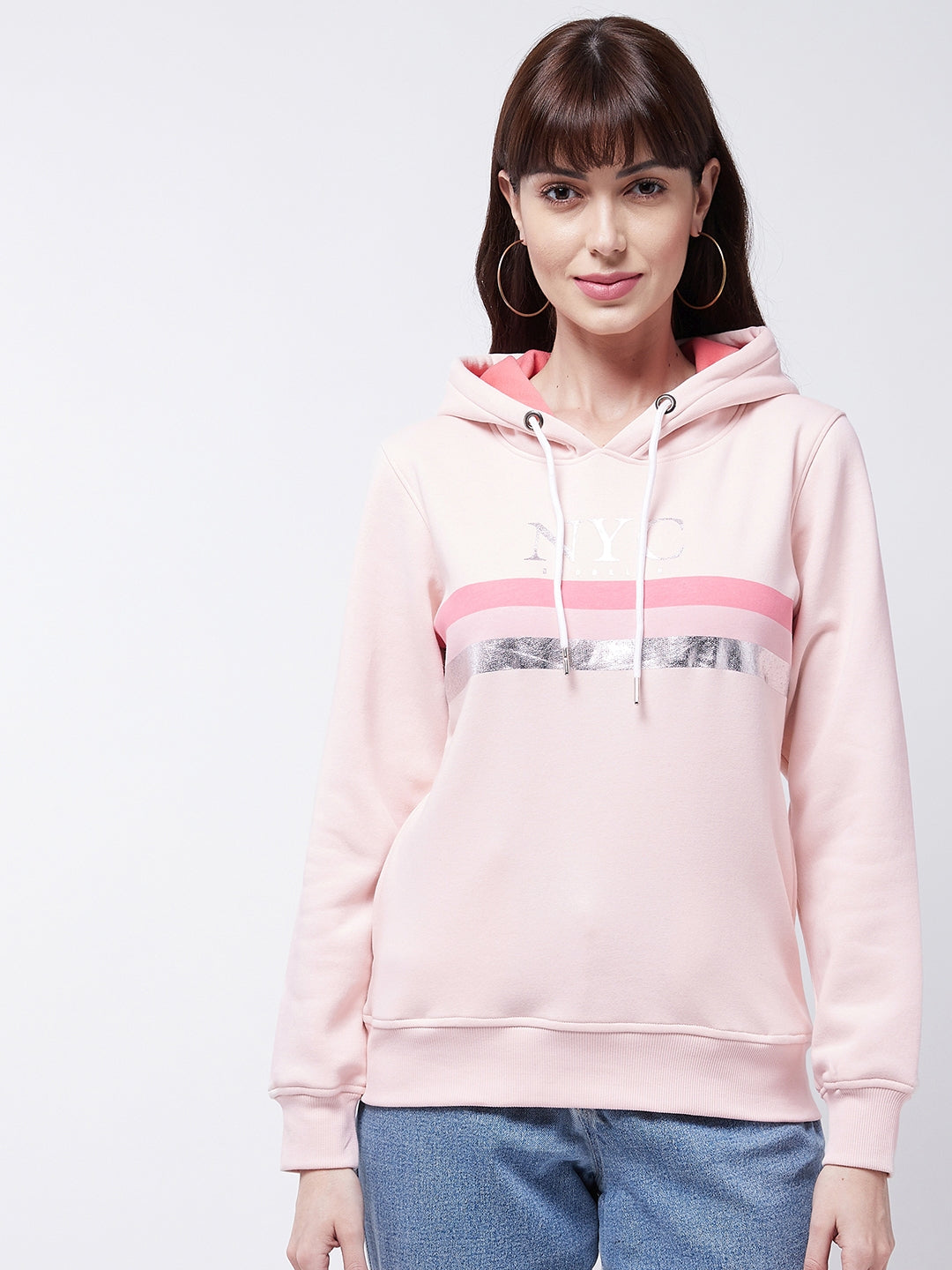 Modeve Peach Printed Hooded Sweatshirt