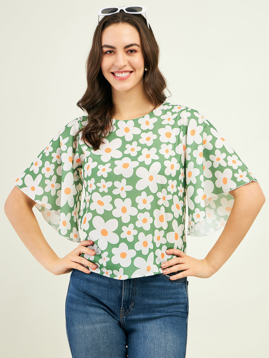 Modeve Women Green Floral Bell Sleeves Top