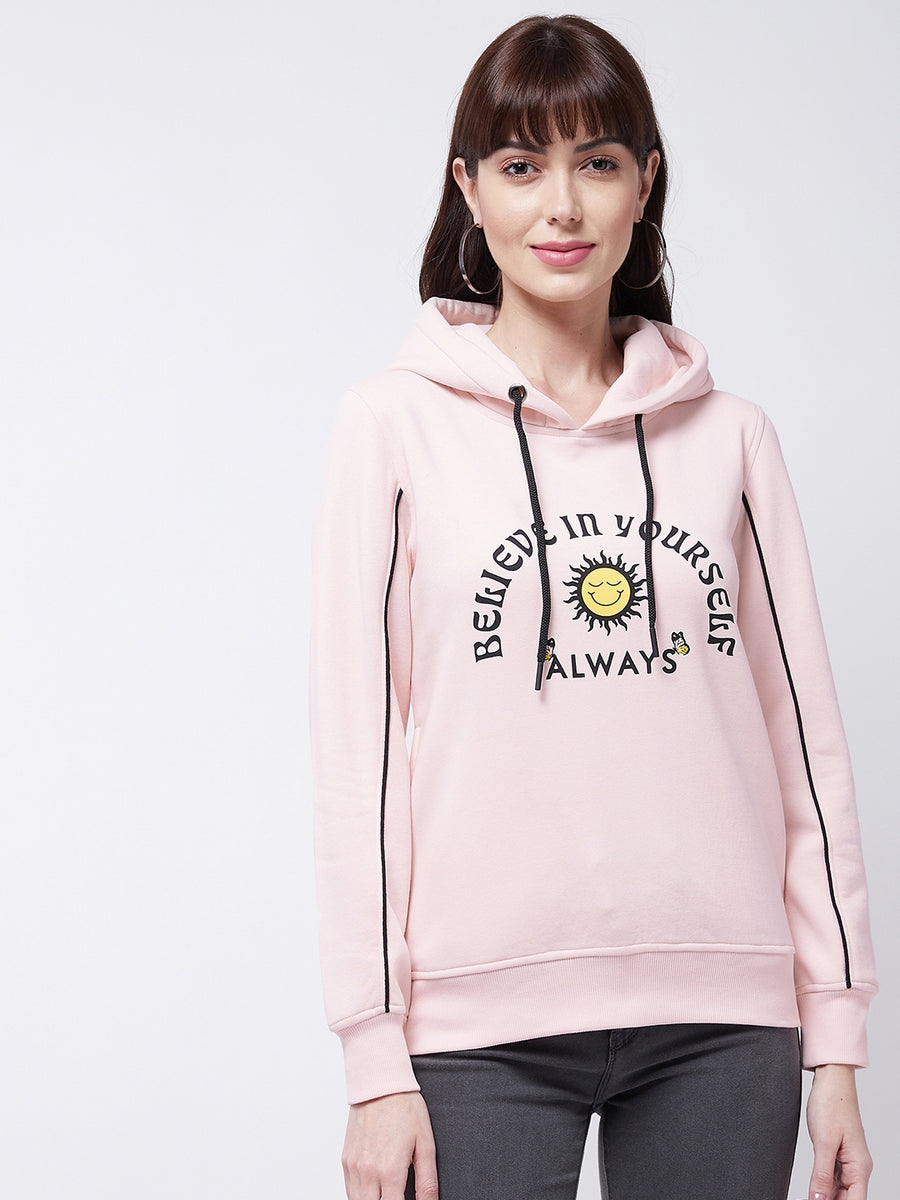 Modeve Women Typography Printed Hooded Ribbed Sweatshirt For Winter