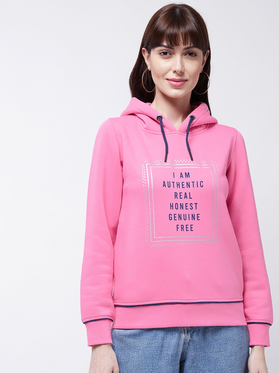 Modeve Typography Printed Hooded Ribbed Winter Sweatshirt for Women