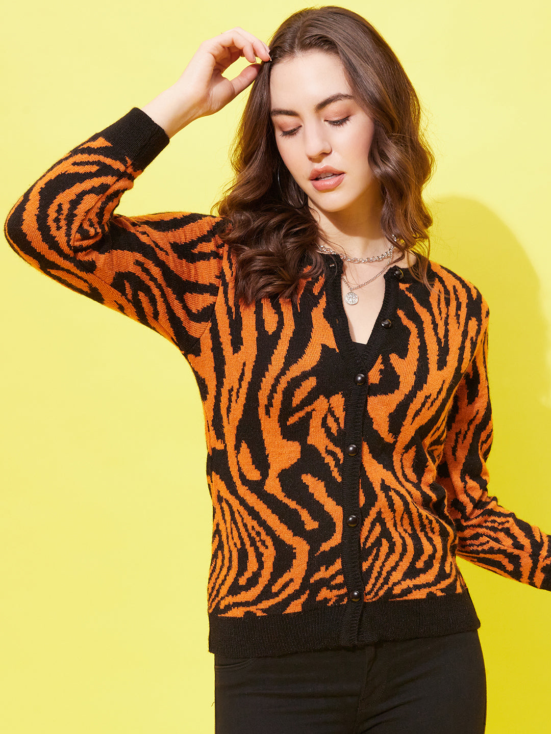 Modeve Women Animal Print Round Neck  Sweater