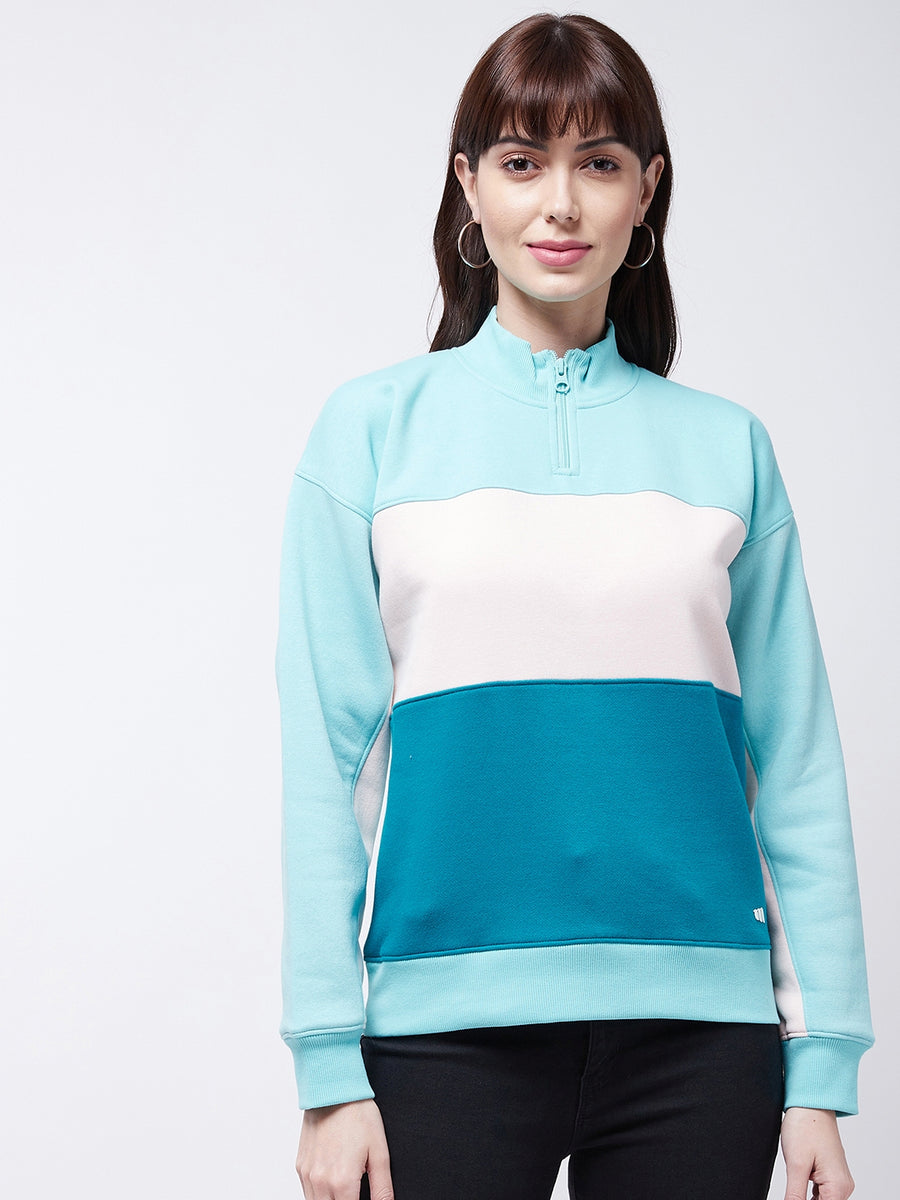 Modeve Women Colourblocked Mock Collar Pullover sweatshirt