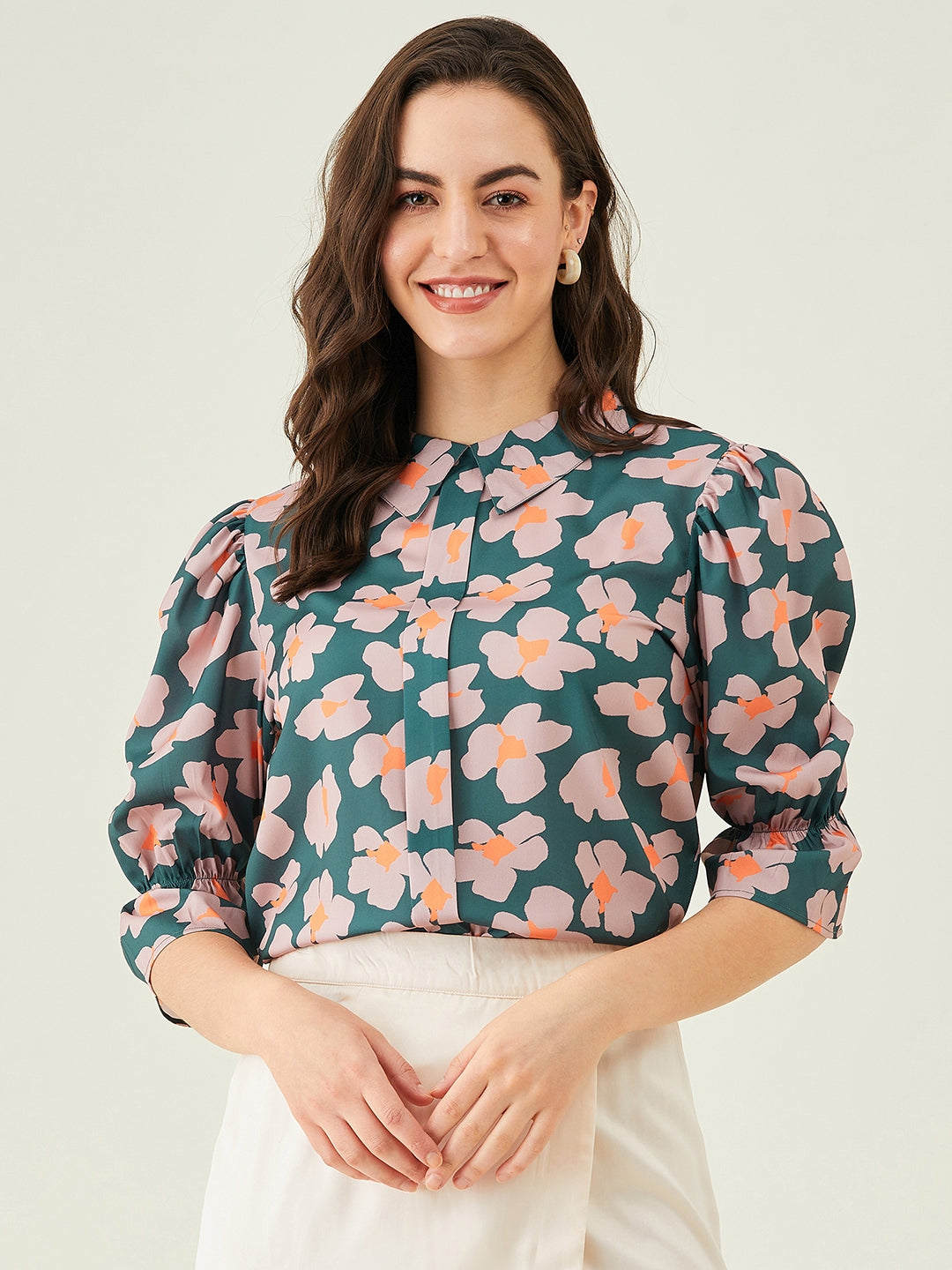 Modeve Women Peter Pan Collar Olive Floral Top