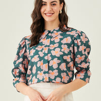 Modeve Women Peter Pan Collar Olive Floral Top