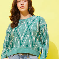 Modeve Geometric Print Round Neck Casual Women Crop Top Sweater