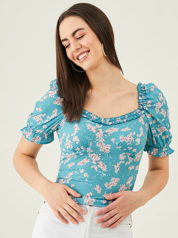 Modeve Women Teal Floral Top