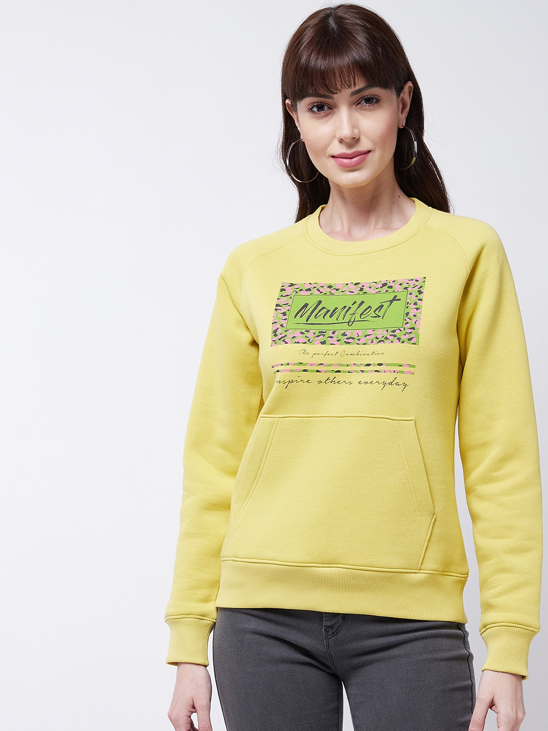 Modeve Women Typography Printed Kangaroo Pocket Ribbed Sweatshirt For Winter