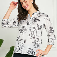 Modeve Women White Ban Collar Neck Floral Top