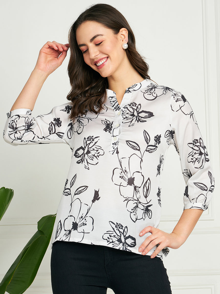 Modeve Women White Ban Collar Neck Floral Top