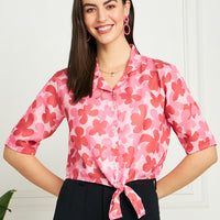 Modeve Women Floral Red Front Knot Top