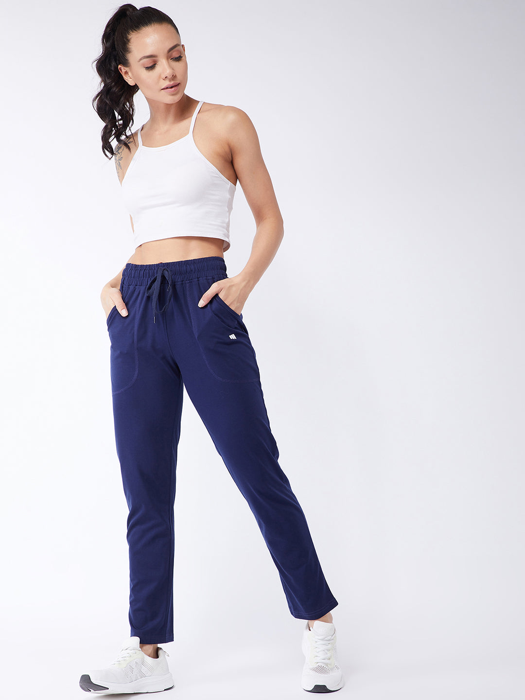 Modeve Navy and Peach Cotton Blend Women Track Pants Combos