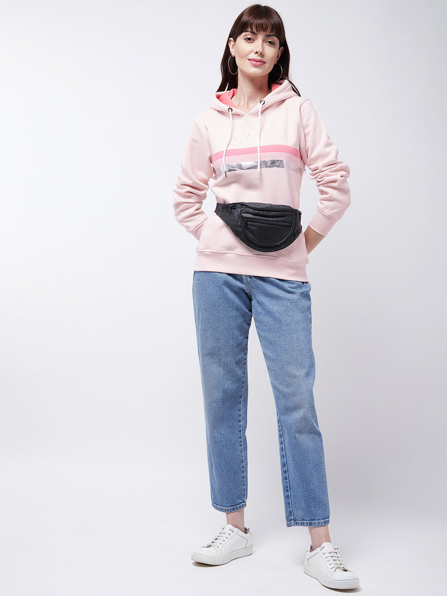 Modeve Peach Printed Hooded Sweatshirt