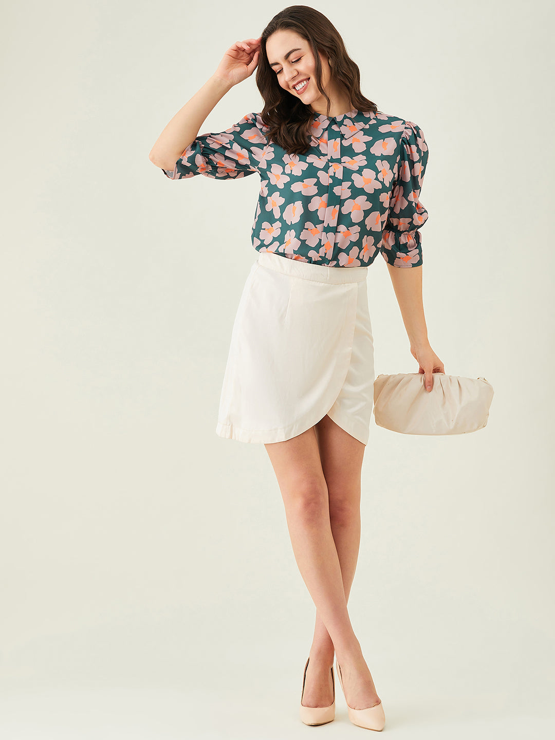 Modeve Women Peter Pan Collar Olive Floral Top