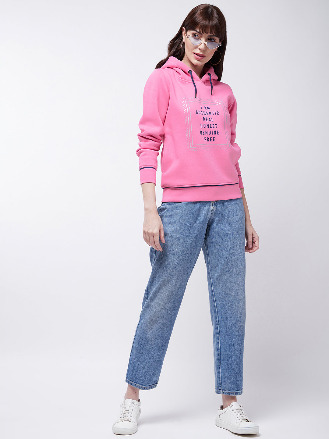 Modeve Typography Printed Hooded Ribbed Winter Sweatshirt for Women