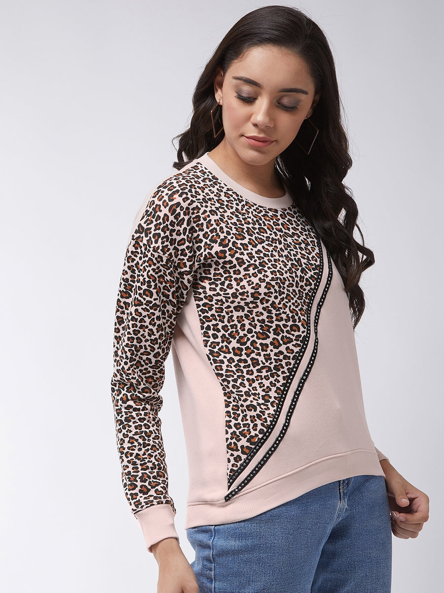 Modeve Pink Full Sleeve Animal Print Women Sweatshirt For Winter