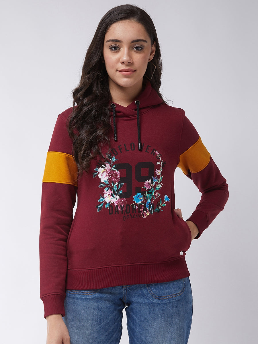 Modeve Women Floral Print Hooded Maroon Sweatshirt For Winter