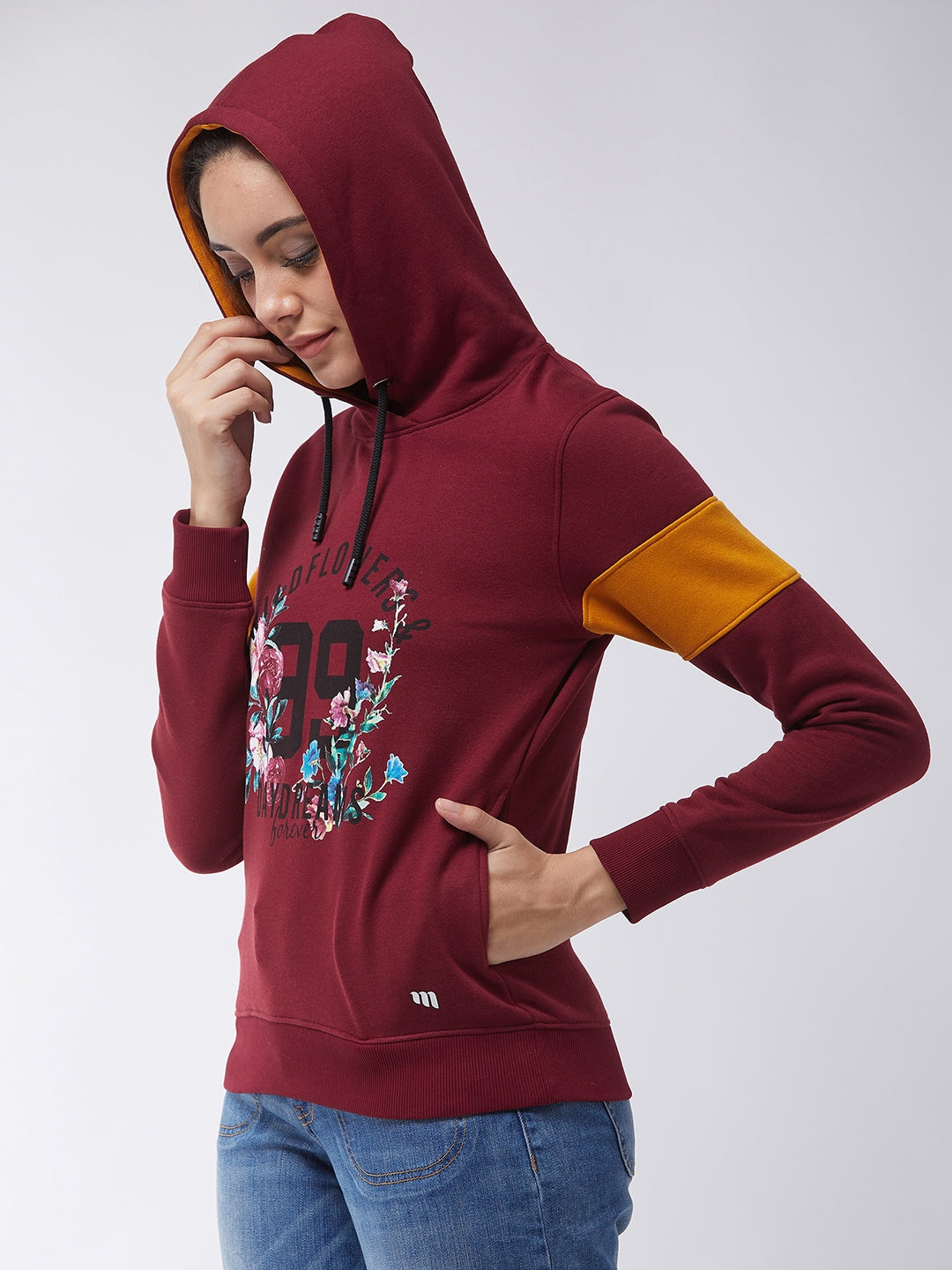 Modeve Women Floral Print Hooded Maroon Sweatshirt For Winter