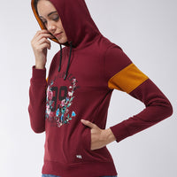 Modeve Women Floral Print Hooded Maroon Sweatshirt For Winter