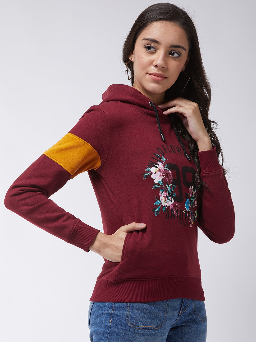 Modeve Women Floral Print Hooded Maroon Sweatshirt For Winter