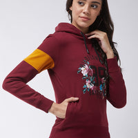 Modeve Women Floral Print Hooded Maroon Sweatshirt For Winter