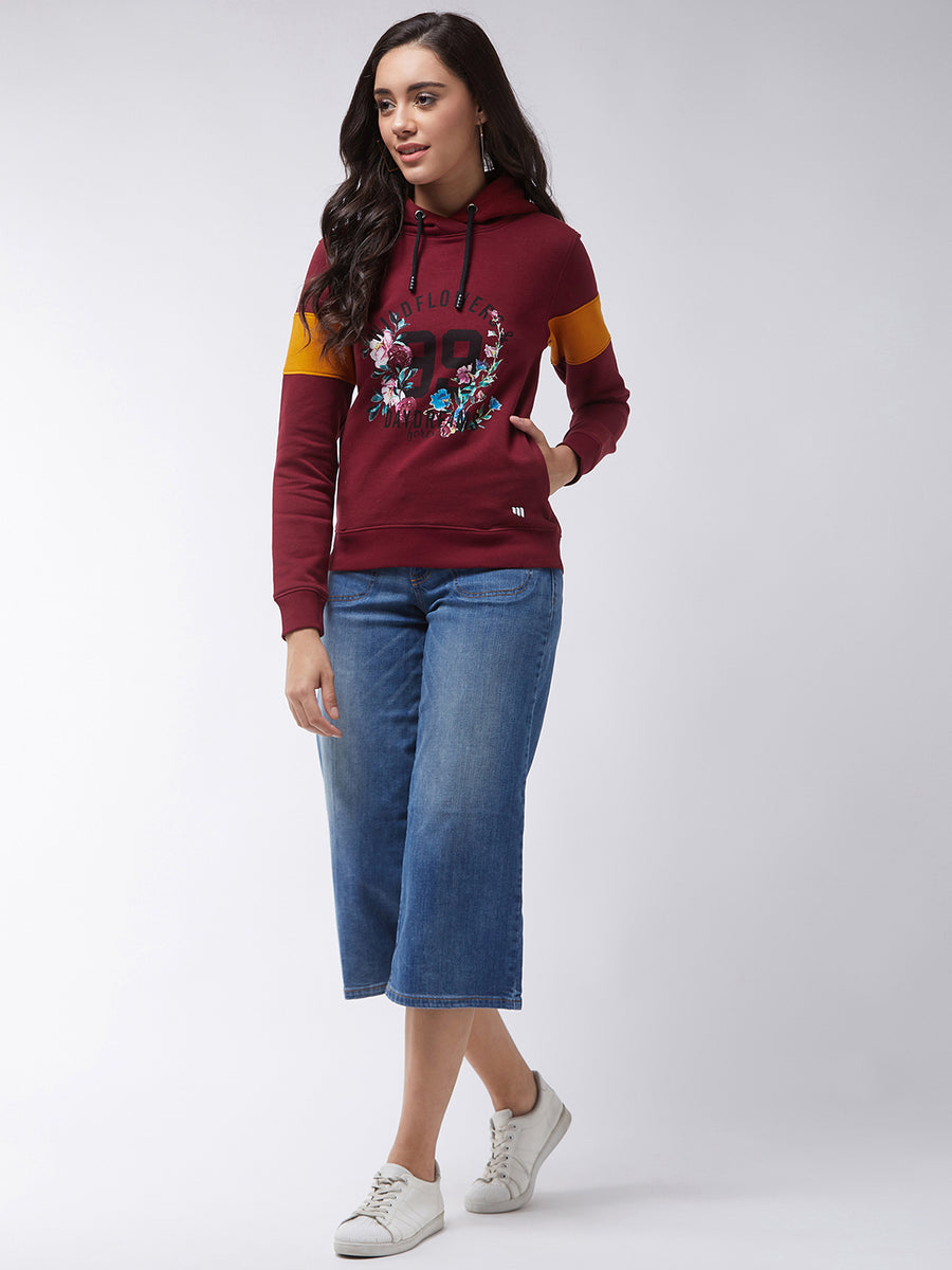 Modeve Women Floral Print Hooded Maroon Sweatshirt For Winter