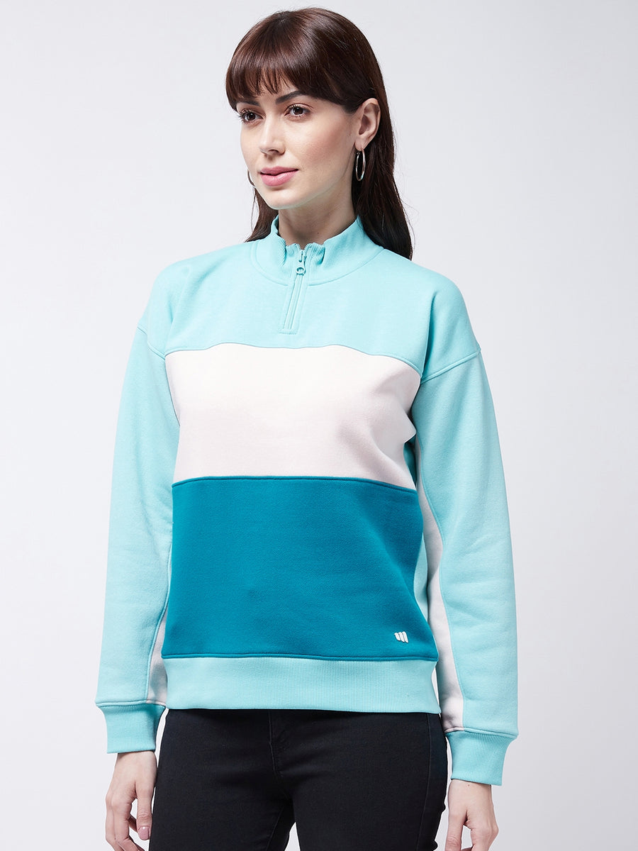 Modeve Women Colourblocked Mock Collar Pullover sweatshirt