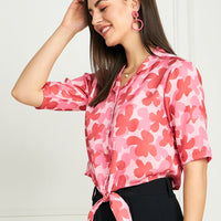 Modeve Women Floral Red Front Knot Top