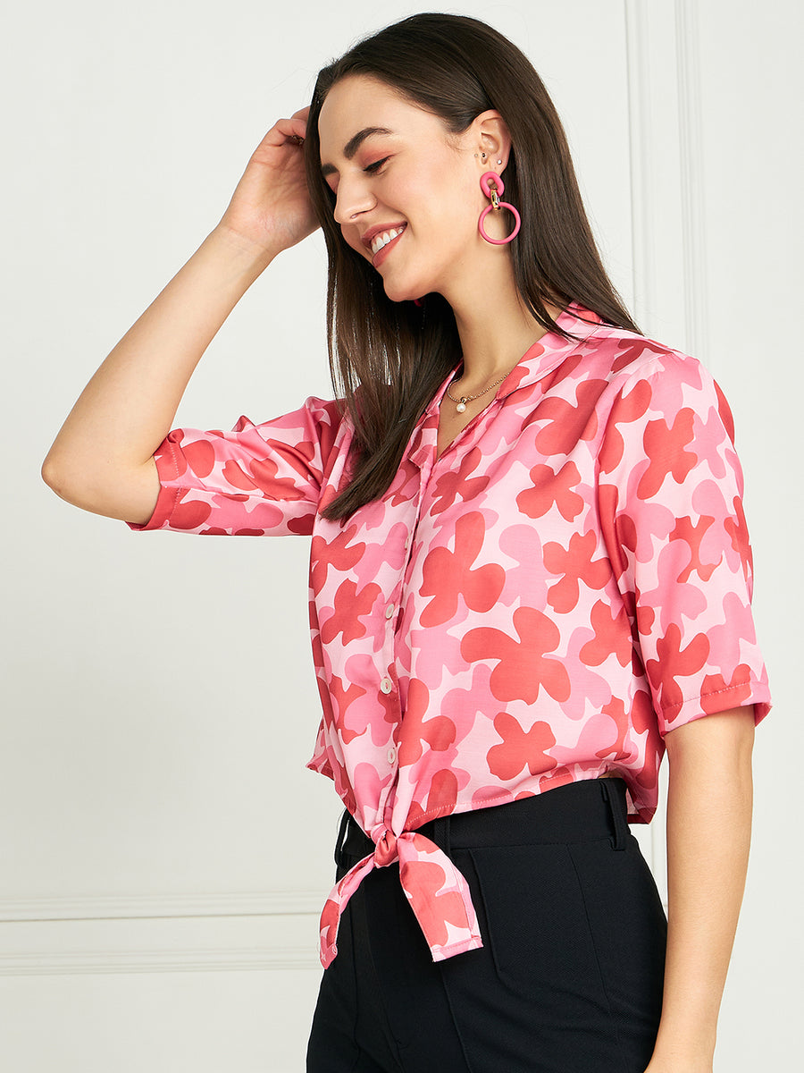 Modeve Women Floral Red Front Knot Top