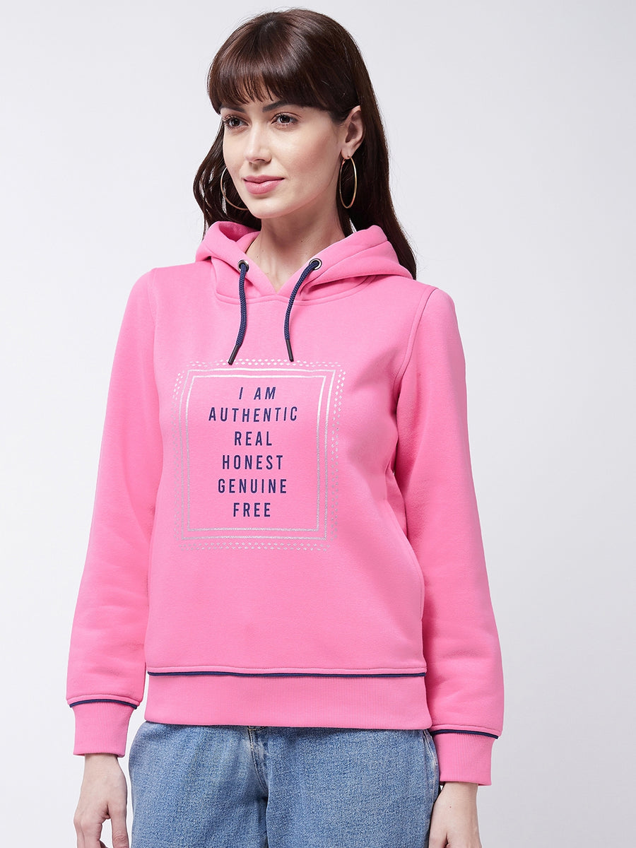 Modeve Typography Printed Hooded Ribbed Winter Sweatshirt for Women