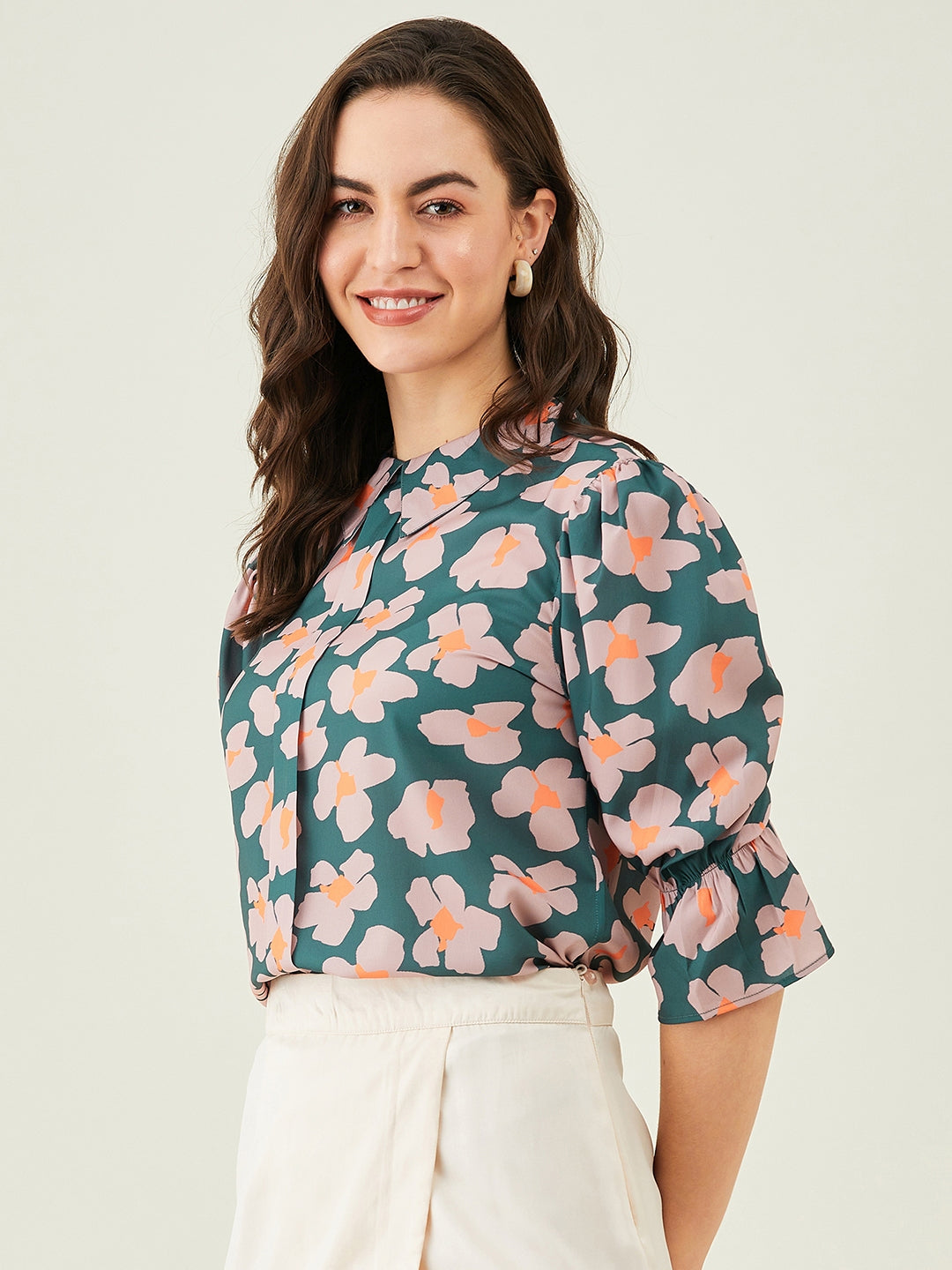 Modeve Women Peter Pan Collar Olive Floral Top