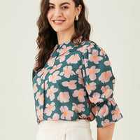 Modeve Women Peter Pan Collar Olive Floral Top