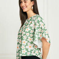 Modeve Women Green Floral Bell Sleeves Top