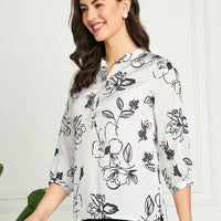 Modeve Women White Ban Collar Neck Floral Top