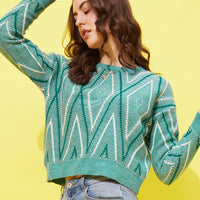 Modeve Geometric Print Round Neck Casual Women Crop Top Sweater