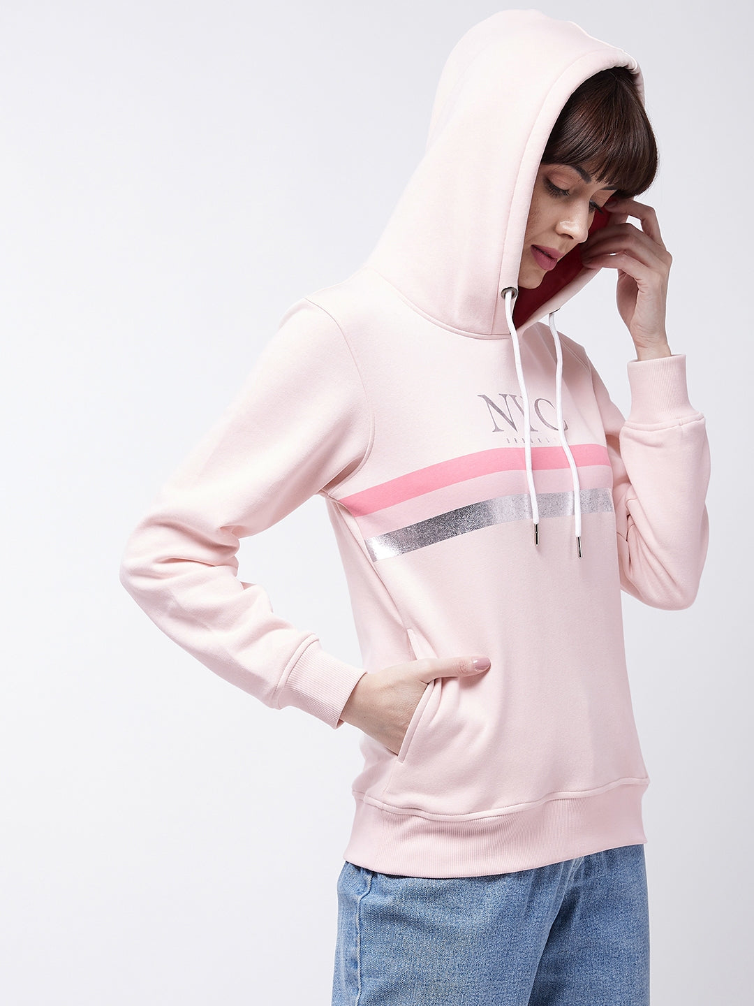 Modeve Peach Printed Hooded Sweatshirt