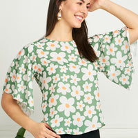 Modeve Women Green Floral Bell Sleeves Top