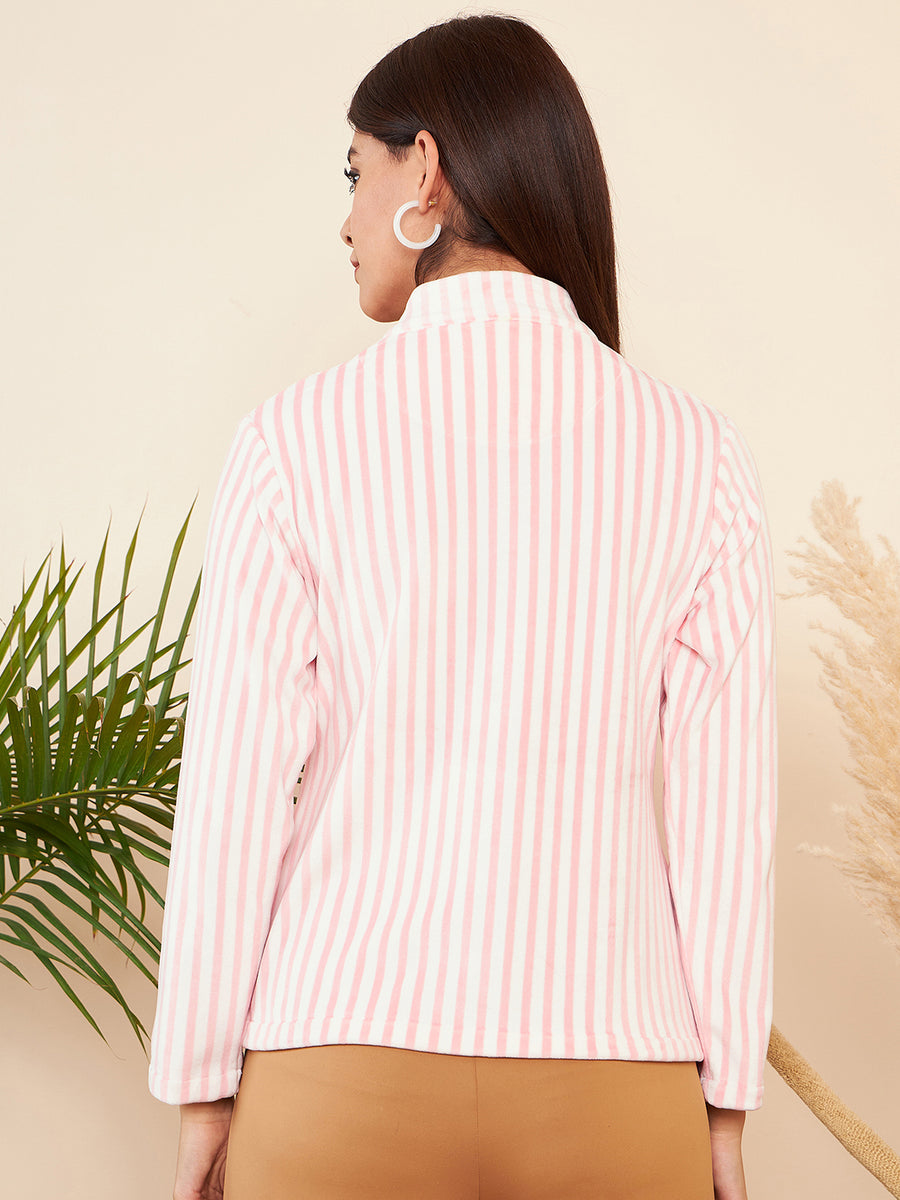 Modeve Women Striped Hight Neck Button Open Jacket For Winter