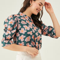 Modeve Women Peter Pan Collar Olive Floral Top