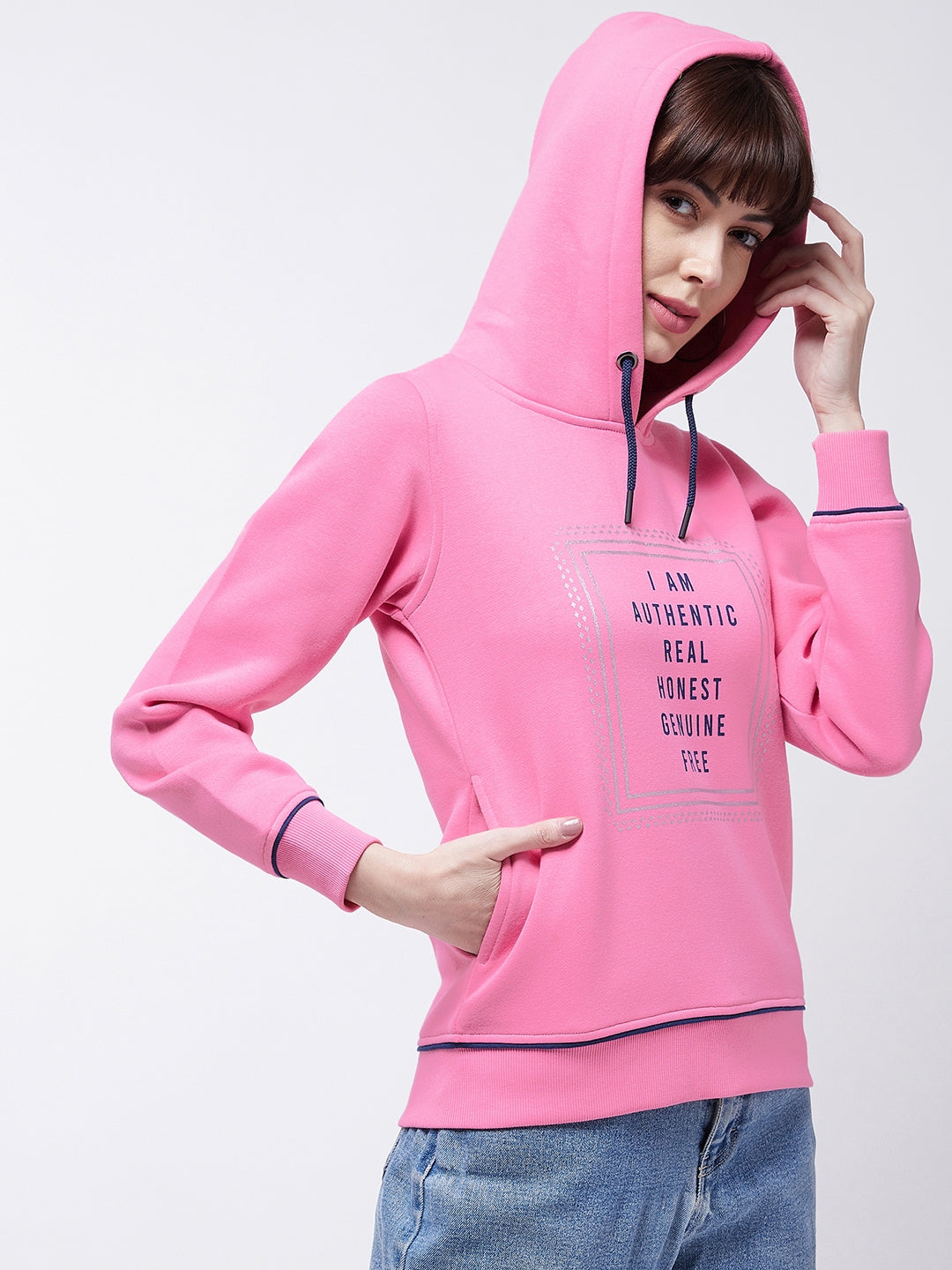 Modeve Typography Printed Hooded Ribbed Winter Sweatshirt for Women