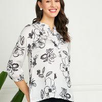 Modeve Women White Ban Collar Neck Floral Top