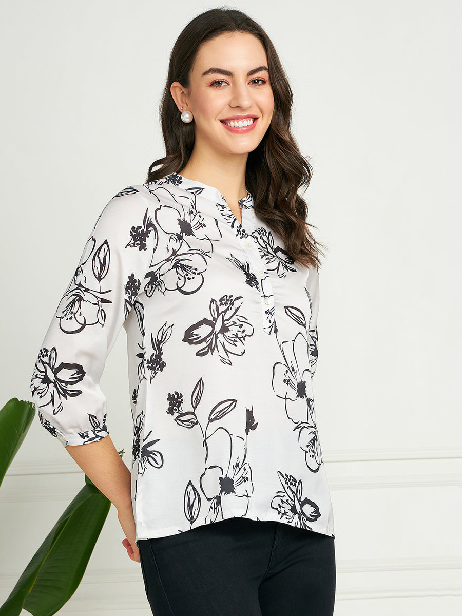 Modeve Women White Ban Collar Neck Floral Top