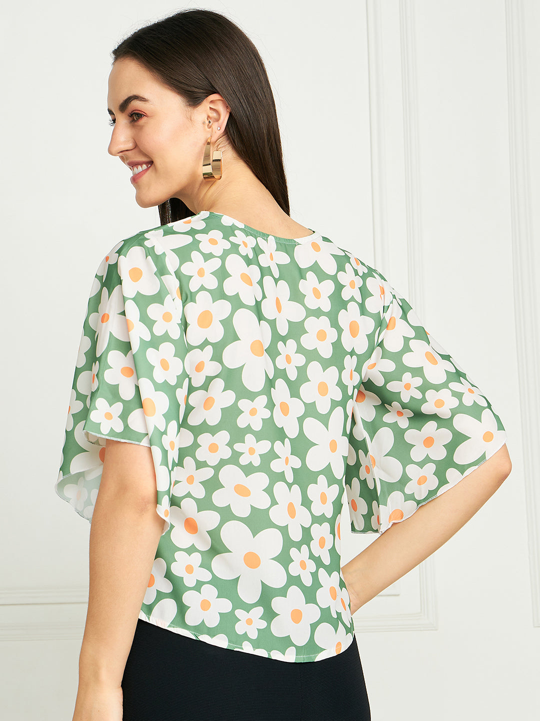 Modeve Women Green Floral Bell Sleeves Top