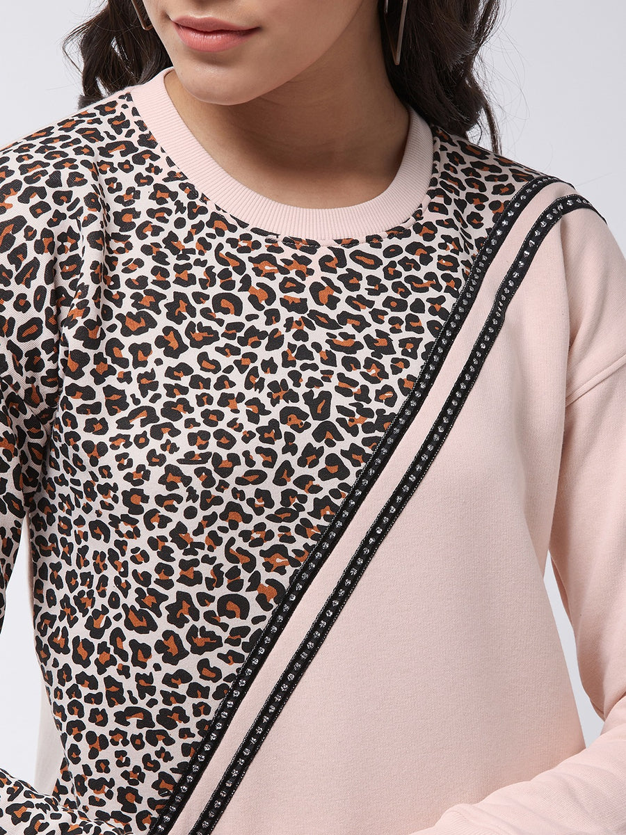 Modeve Pink Full Sleeve Animal Print Women Sweatshirt For Winter