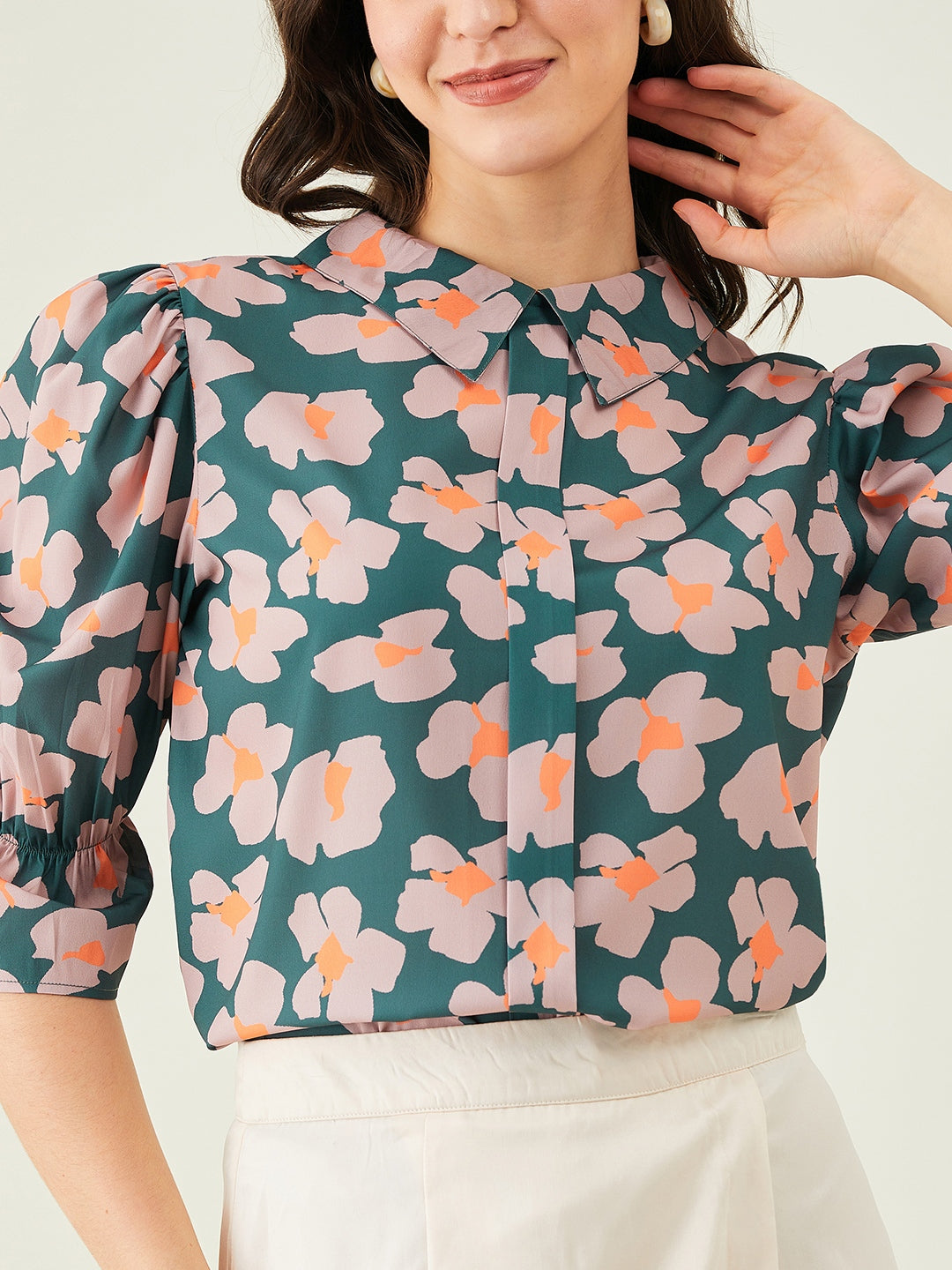 Modeve Women Peter Pan Collar Olive Floral Top