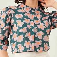 Modeve Women Peter Pan Collar Olive Floral Top