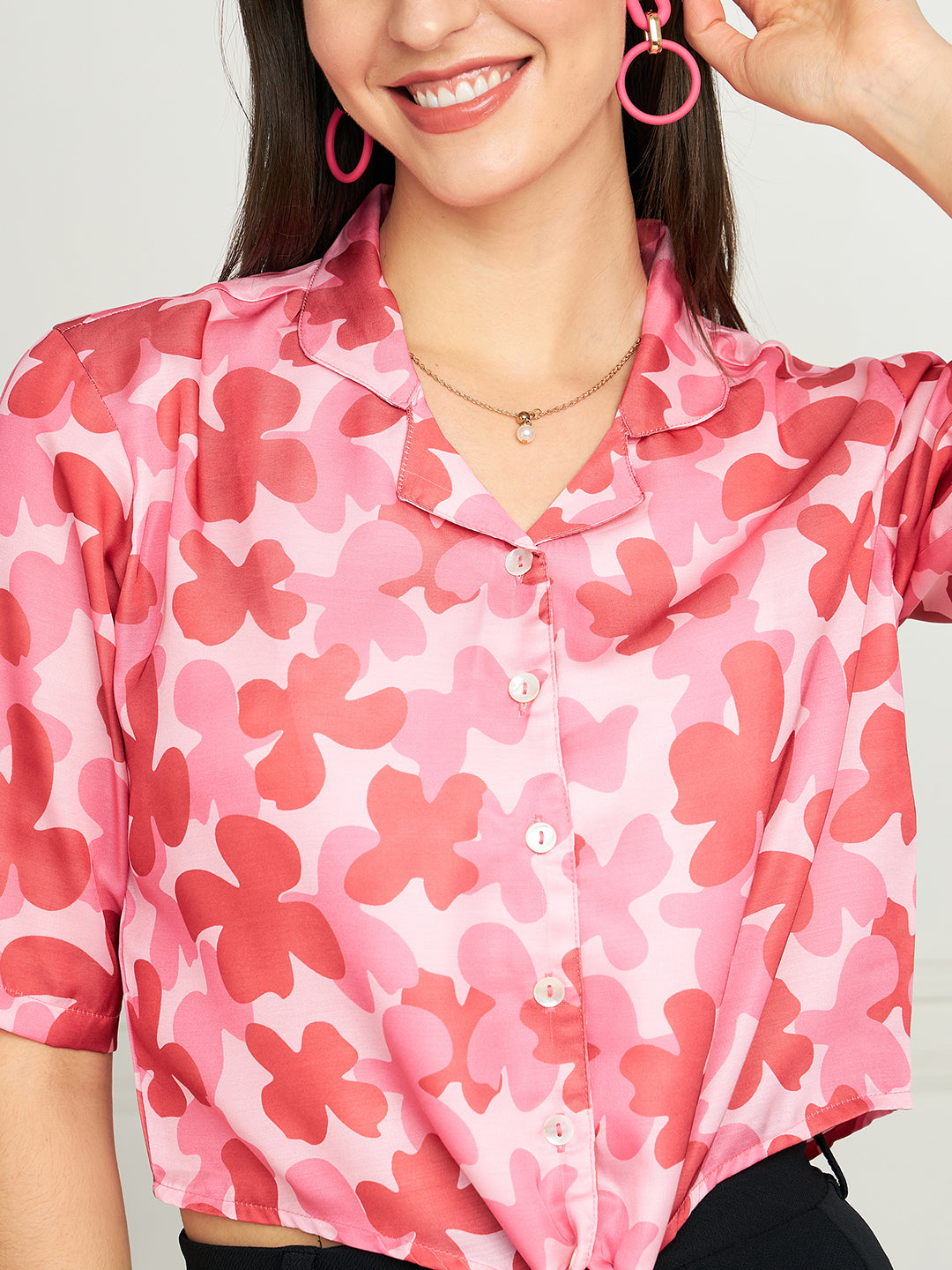 Modeve Women Floral Red Front Knot Top