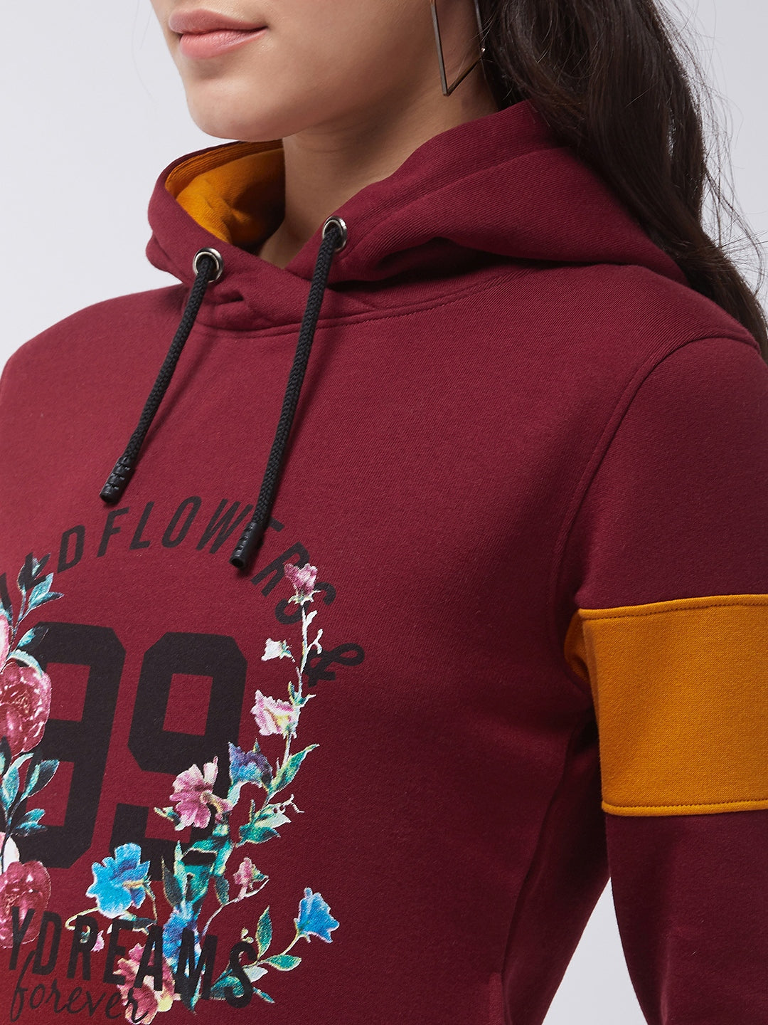 Modeve Women Floral Print Hooded Maroon Sweatshirt For Winter