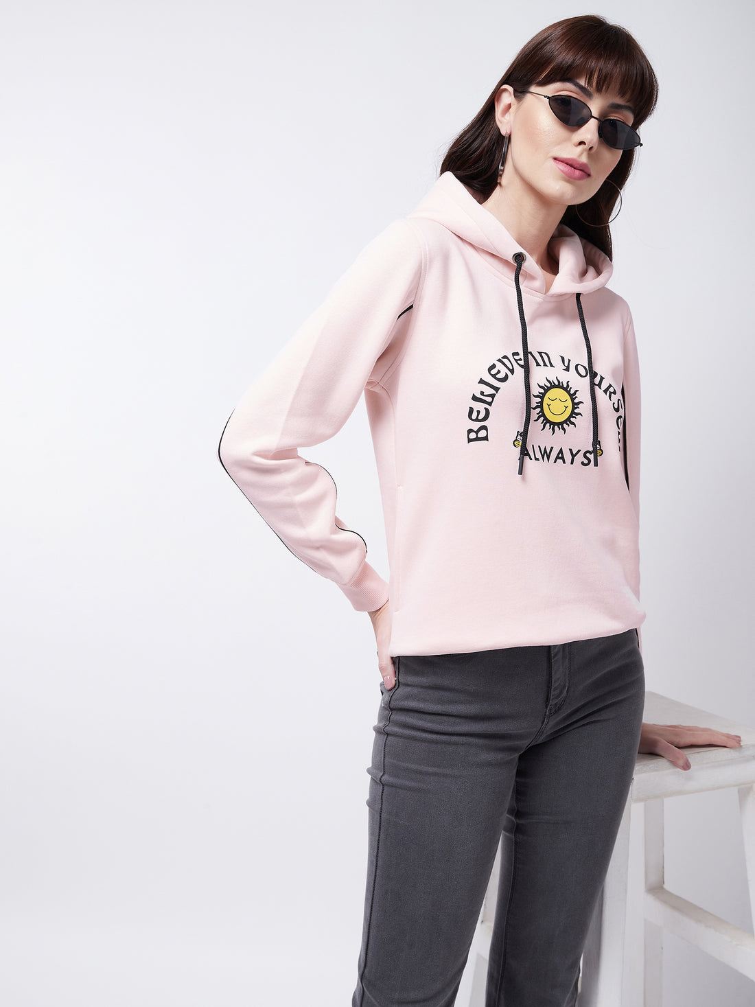 Modeve Women Typography Printed Hooded Ribbed Sweatshirt For Winter