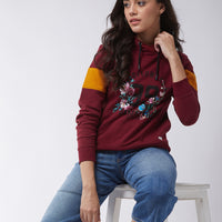 Modeve Women Floral Print Hooded Maroon Sweatshirt For Winter