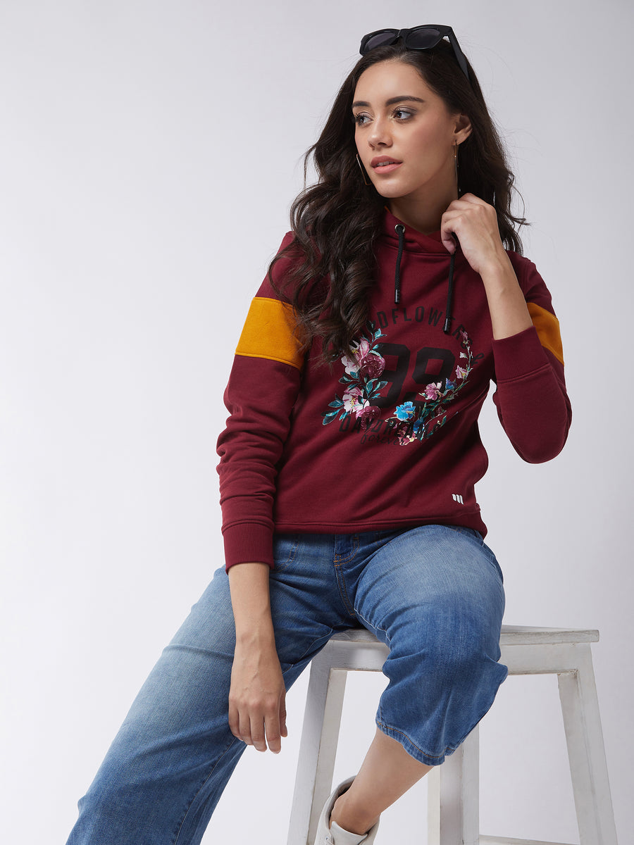 Modeve Women Floral Print Hooded Maroon Sweatshirt For Winter